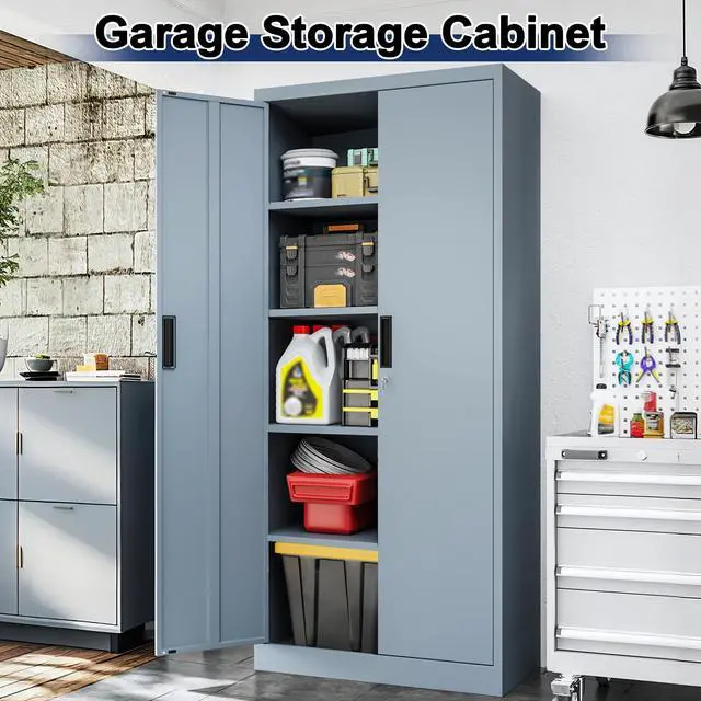 Alt view image 2 of 7 - Metal Garage Storage Cabinet with Locking Doors and 4 Adjustable Shelves, Gray Tall Storage Cabinets, Tool File Lockable Cabinet for Garage Office Warehouse Shop(71H)