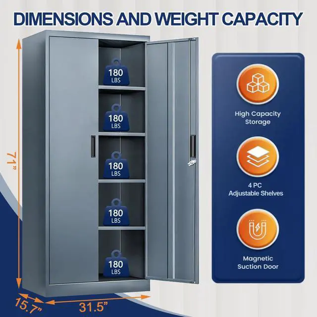 Alt view image 3 of 7 - Metal Garage Storage Cabinet with Locking Doors and 4 Adjustable Shelves, Gray Tall Storage Cabinets, Tool File Lockable Cabinet for Garage Office Warehouse Shop(71H)