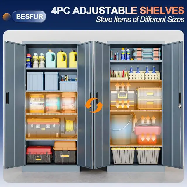 Alt view image 5 of 7 - Metal Garage Storage Cabinet with Locking Doors and 4 Adjustable Shelves, Gray Tall Storage Cabinets, Tool File Lockable Cabinet for Garage Office Warehouse Shop(71H)