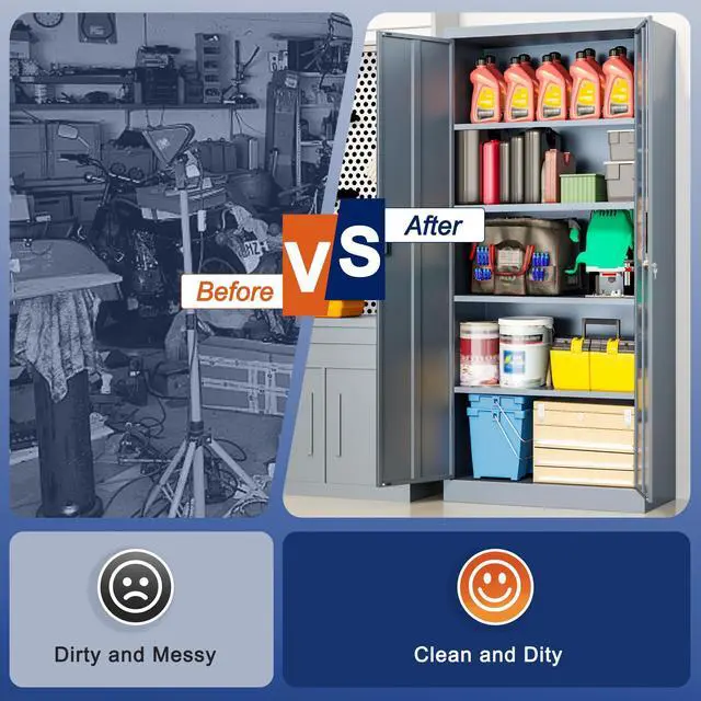 Alt view image 7 of 7 - Metal Garage Storage Cabinet with Locking Doors and 4 Adjustable Shelves, Gray Tall Storage Cabinets, Tool File Lockable Cabinet for Garage Office Warehouse Shop(71H)