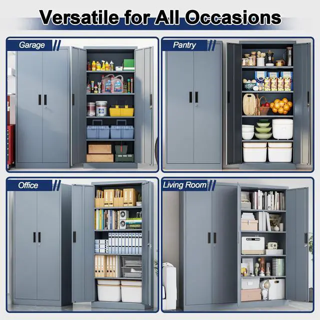 Alt view image 6 of 7 - Metal Garage Storage Cabinet with Locking Doors and 4 Adjustable Shelves, Gray Tall Storage Cabinets, Tool File Lockable Cabinet for Garage Office Warehouse Shop(71H)