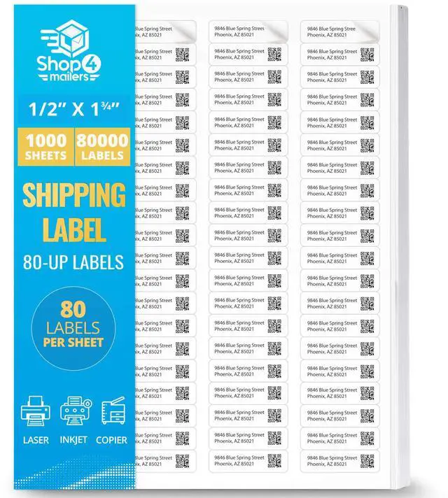 Main image of 80000 Count (1000 Sheets) 80-Up 1/2 x 1 3/4 Address Labels | 80 Labels Per Page White Matte Permanent Self Adhesive Mailing Labels 0.5x1.75 Easy Peel Stickers for Laser & Inkjet Printers