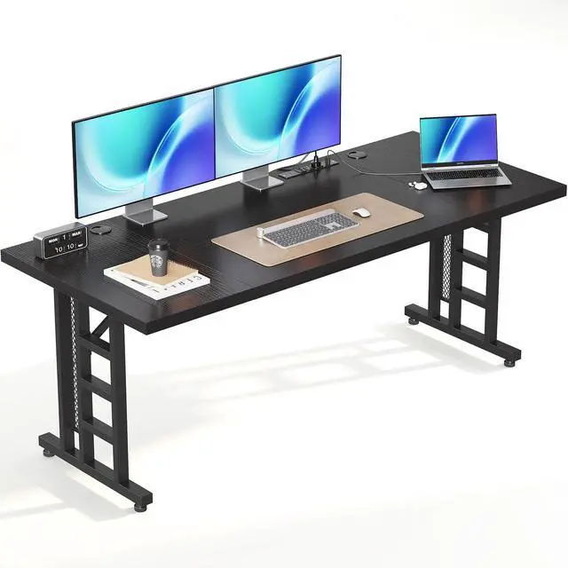 Main image of 78 Inch Executive Computer Desk with Outlets, Black | Office Table with 3-Piece Thick Board, Outlets And 2 Cable Holes For Home Office, Computer Workstation