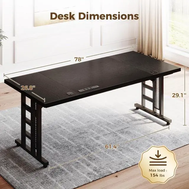Alt view image 3 of 6 - 78 Inch Executive Computer Desk with Outlets, Black | Office Table with 3-Piece Thick Board, Outlets And 2 Cable Holes For Home Office, Computer Workstation