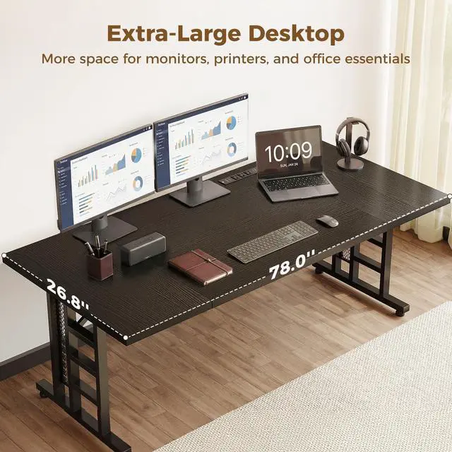 Alt view image 4 of 6 - 78 Inch Executive Computer Desk with Outlets, Black | Office Table with 3-Piece Thick Board, Outlets And 2 Cable Holes For Home Office, Computer Workstation