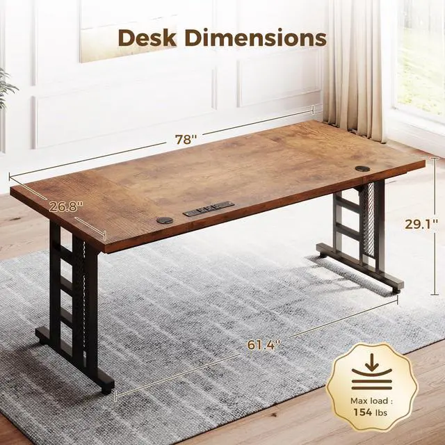 Alt view image 3 of 7 - 78 Inch Executive Computer Desk with Outlets, Rustic Brown | Office Table with 3-Piece Thick Board, Outlets And 2 Cable Holes For Home Office, Computer Workstation