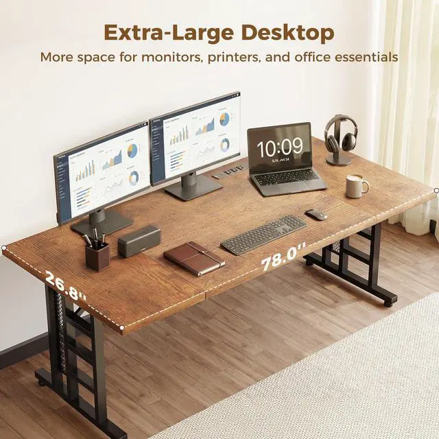 Alt view image 4 of 7 - 78 Inch Executive Computer Desk with Outlets, Rustic Brown | Office Table with 3-Piece Thick Board, Outlets And 2 Cable Holes For Home Office, Computer Workstation