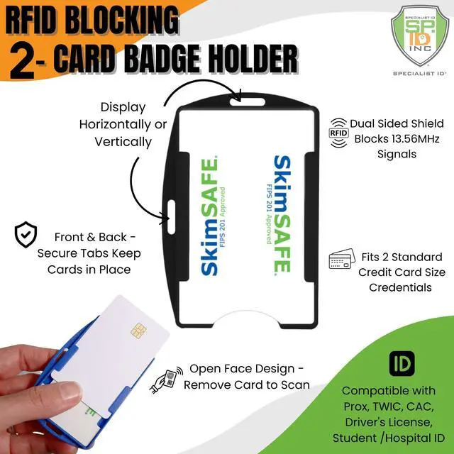 Alt view image 2 of 6 - Bulk 50 Pack - RFID Blocking ID Badge Holder (Holds 2 Cards) - SkimSAFE- Dual Sided Shield Blocks 13.56MHz Radio Signal - (Frosted Clear)
