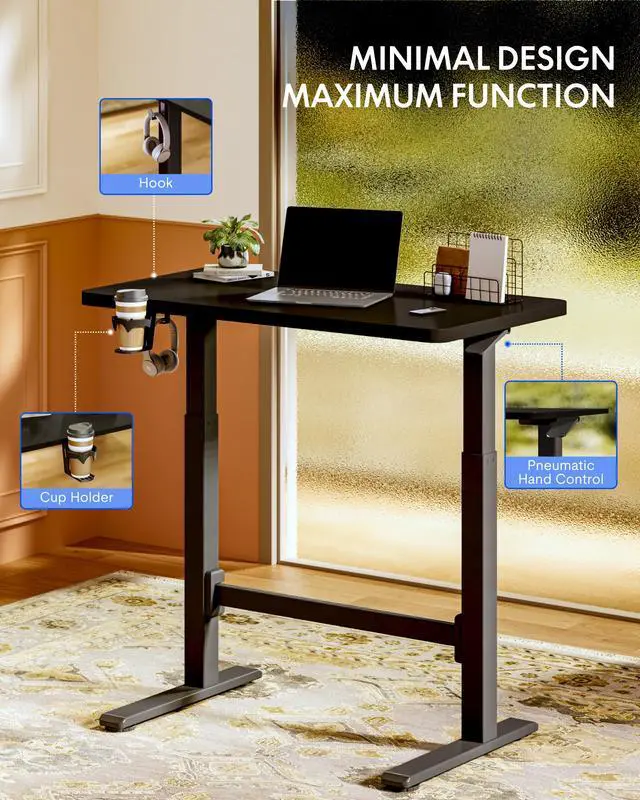 Alt view image 5 of 6 - H7 Plus Mobile Standing Desk, Pneumatic Adjustable,One-Piece 48" | Cordless standing desk with stable dual-column design.Stand up desk for small spaces and home office Height 27.6"45",Black