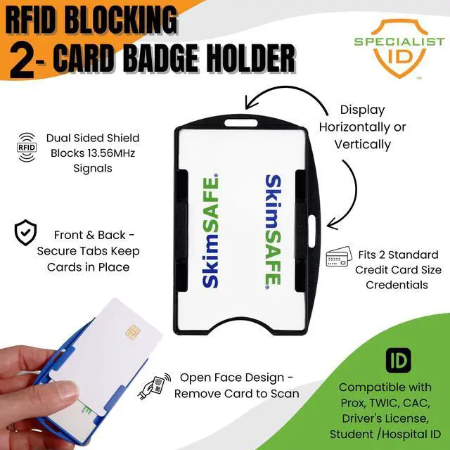Alt view image 2 of 6 - Bulk 50 Pack - RFID Blocking ID Badge Holder (Holds 2 Cards) - SkimSAFE - Dual Sided Shield Blocks 13.56MHz Radio Signal - (Black)