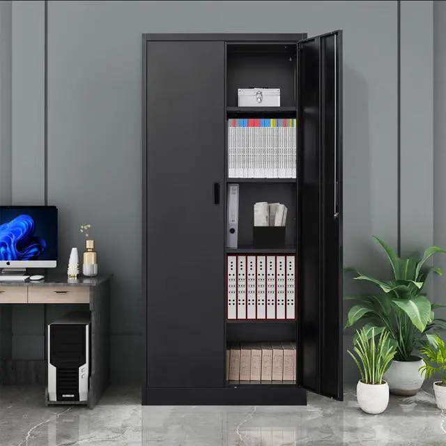 Alt view image 2 of 7 - 71" H Metal Storage Cabinet, Locking Cabinet with 2 Doors and 5 Adjustable Shelves, Black Tall Cabinet for Garage, Home, Office, Pantry, Workshop, School
