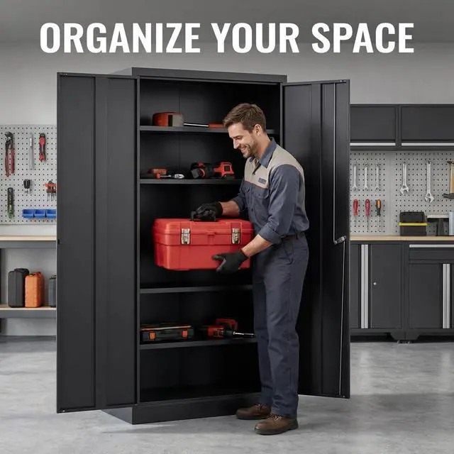 Alt view image 4 of 7 - 71" H Metal Storage Cabinet, Locking Cabinet with 2 Doors and 5 Adjustable Shelves, Black Tall Cabinet for Garage, Home, Office, Pantry, Workshop, School