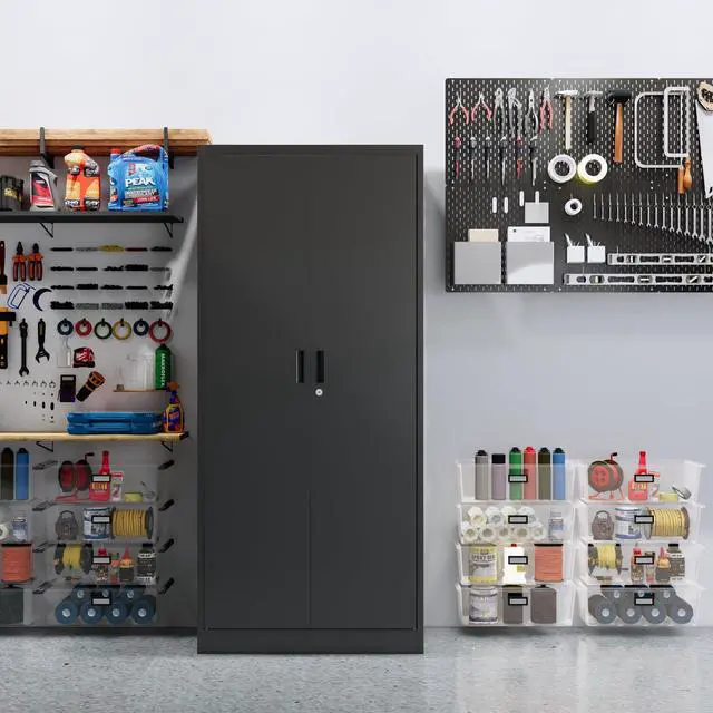 Alt view image 7 of 7 - 71" H Metal Storage Cabinet, Locking Cabinet with 2 Doors and 5 Adjustable Shelves, Black Tall Cabinet for Garage, Home, Office, Pantry, Workshop, School
