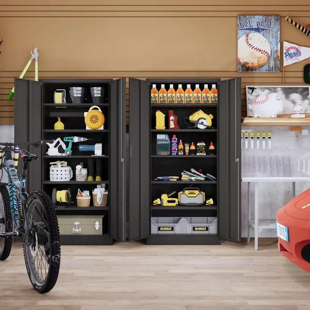 Alt view image 5 of 7 - 71" H Metal Storage Cabinet, Locking Cabinet with 2 Doors and 5 Adjustable Shelves, Black Tall Cabinet for Garage, Home, Office, Pantry, Workshop, School