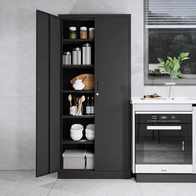Alt view image 6 of 7 - 71" H Metal Storage Cabinet, Locking Cabinet with 2 Doors and 5 Adjustable Shelves, Black Tall Cabinet for Garage, Home, Office, Pantry, Workshop, School
