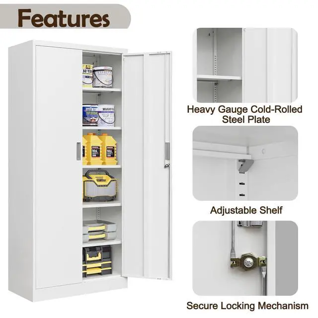 Alt view image 5 of 7 - 71" H Metal Storage Cabinet, Locking Cabinet with 2 Doors and 5 Adjustable Shelves, White Tall Cabinet for Garage, Home, Office, Pantry, Workshop, School
