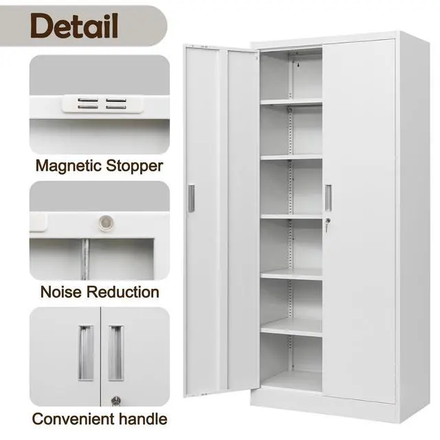 Alt view image 6 of 7 - 71" H Metal Storage Cabinet, Locking Cabinet with 2 Doors and 5 Adjustable Shelves, White Tall Cabinet for Garage, Home, Office, Pantry, Workshop, School