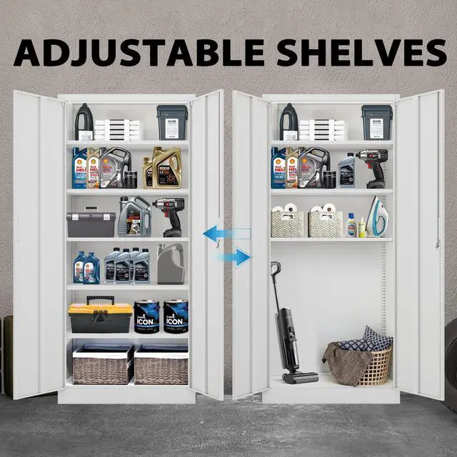 Alt view image 4 of 7 - 71" H Metal Storage Cabinet, Locking Cabinet with 2 Doors and 5 Adjustable Shelves, White Tall Cabinet for Garage, Home, Office, Pantry, Workshop, School