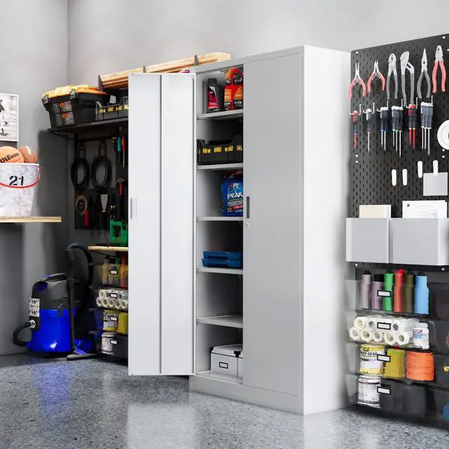 Alt view image 7 of 7 - 71" H Metal Storage Cabinet, Locking Cabinet with 2 Doors and 5 Adjustable Shelves, White Tall Cabinet for Garage, Home, Office, Pantry, Workshop, School