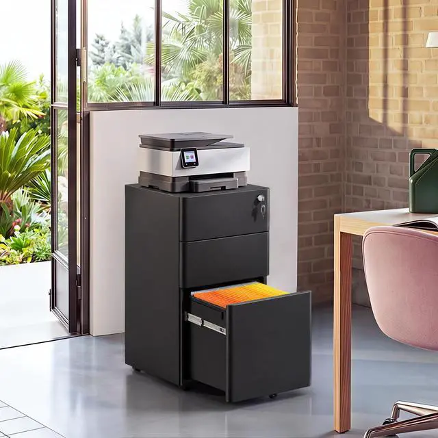 Alt view image 2 of 7 - 3 Drawer Mobile File Cabinet, Fully Assembled Except Casters | Metal Filing Cainet with Lock for Home Office, Fits Letter/Legal/A4 Size, 11.8 x 17.7 x 23.2 Inches, Black