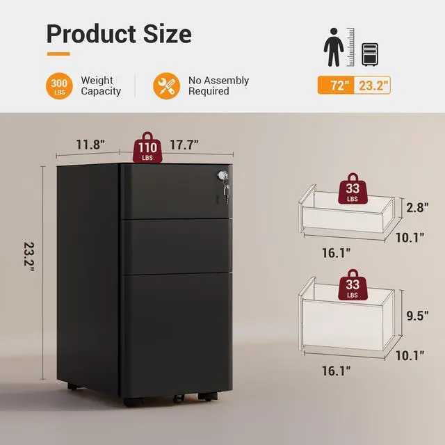 Alt view image 3 of 7 - 3 Drawer Mobile File Cabinet, Fully Assembled Except Casters | Metal Filing Cainet with Lock for Home Office, Fits Letter/Legal/A4 Size, 11.8 x 17.7 x 23.2 Inches, Black