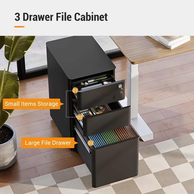 Alt view image 7 of 7 - 3 Drawer Mobile File Cabinet, Fully Assembled Except Casters | Metal Filing Cainet with Lock for Home Office, Fits Letter/Legal/A4 Size, 11.8 x 17.7 x 23.2 Inches, Black