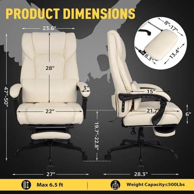 Alt view image 2 of 7 - 3D Kneading Massage Office Chair with Heat, 500 lbs Big and Tall Executive Computer Desk Recliner, Leather Electric Heated Office Chairs with Massage & Footrest