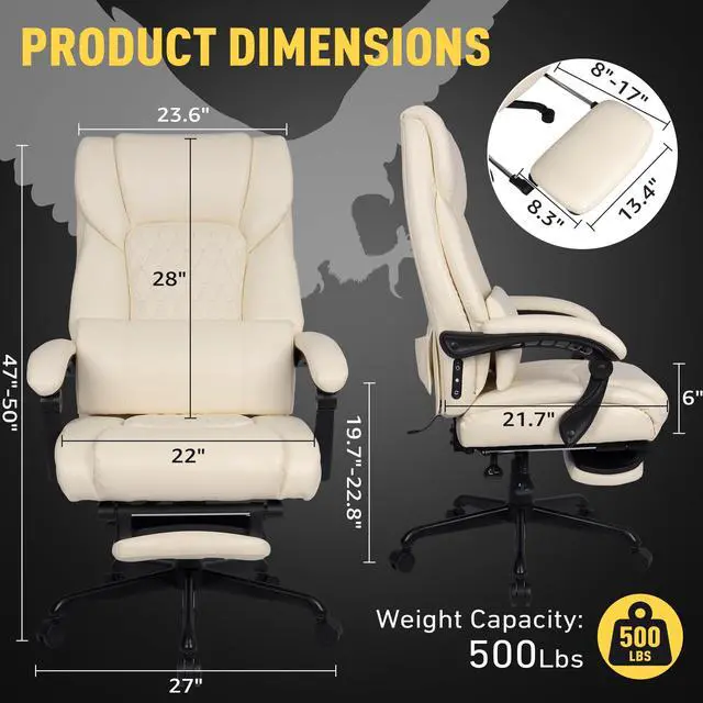 Alt view image 3 of 7 - 3D Kneading Massage Office Chair with Heat, 500 lbs Big and Tall Executive Computer Desk Recliner, Leather Electric Heated Office Chairs with Massage & Footrest
