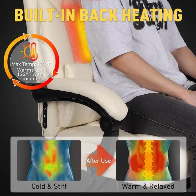 Alt view image 5 of 7 - 3D Kneading Massage Office Chair with Heat, 500 lbs Big and Tall Executive Computer Desk Recliner, Leather Electric Heated Office Chairs with Massage & Footrest