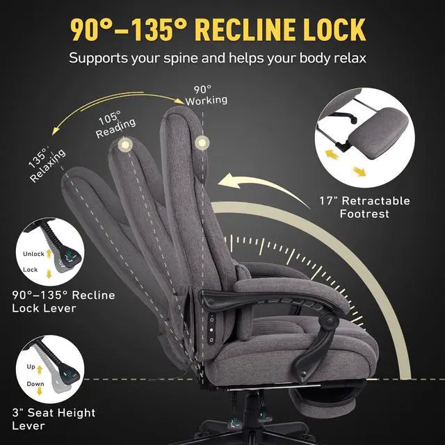 Alt view image 5 of 7 - 3D Kneading Massage Office Chair with Heat, 500 lbs Big and Tall Executive Computer Desk Recliner, Leather Electric Heated Office Chairs with Massage & Footrest, Grey