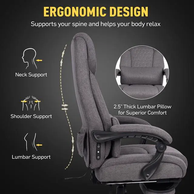 Alt view image 4 of 7 - 3D Kneading Massage Office Chair with Heat, 500 lbs Big and Tall Executive Computer Desk Recliner, Leather Electric Heated Office Chairs with Massage & Footrest, Grey