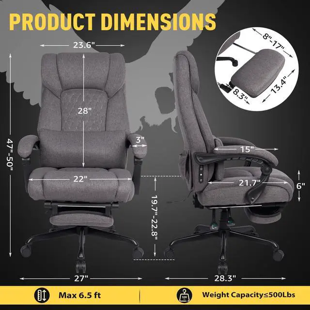 Alt view image 2 of 7 - 3D Kneading Massage Office Chair with Heat, 500 lbs Big and Tall Executive Computer Desk Recliner, Leather Electric Heated Office Chairs with Massage & Footrest, Grey