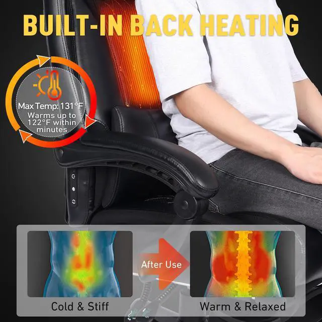 Alt view image 4 of 7 - 3D Kneading Massage Office Chair with Heat, 500 lbs Big and Tall Executive Computer Desk Recliner, Leather Electric Heated Chair with Footrest, Black