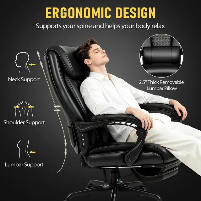Alt view image 6 of 7 - 3D Kneading Massage Office Chair with Heat, 500 lbs Big and Tall Executive Computer Desk Recliner, Leather Electric Heated Chair with Footrest, Black