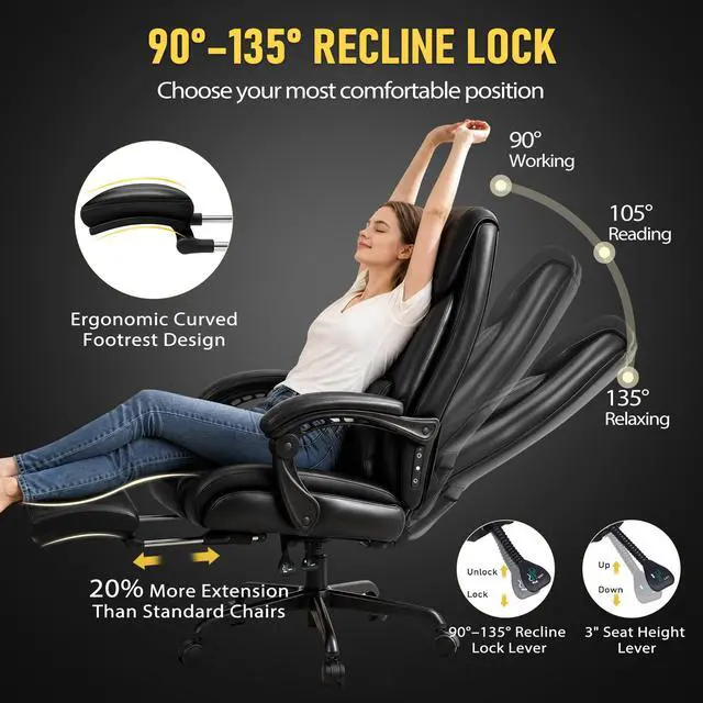 Alt view image 7 of 7 - 3D Kneading Massage Office Chair with Heat, 500 lbs Big and Tall Executive Computer Desk Recliner, Leather Electric Heated Chair with Footrest, Black