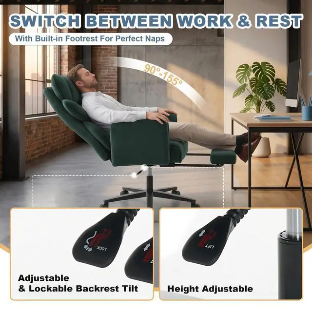 Alt view image 3 of 7 - Big and Tall Office Chair, Reclining Executive Desk Chair, Cross Legged Ergonomic High Back Computer Gaming Chair with Flip Armrests Lumbar Support Footrest, Green Vanity Chair