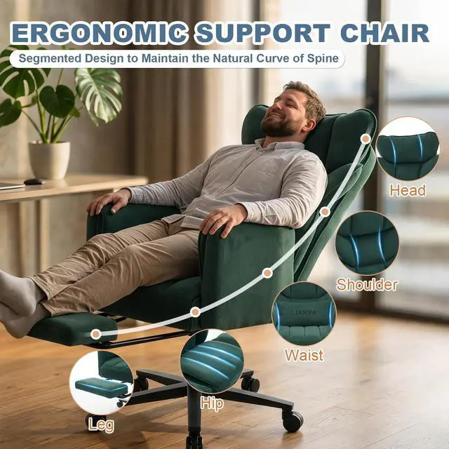 Alt view image 2 of 7 - Big and Tall Office Chair, Reclining Executive Desk Chair, Cross Legged Ergonomic High Back Computer Gaming Chair with Flip Armrests Lumbar Support Footrest, Green Vanity Chair