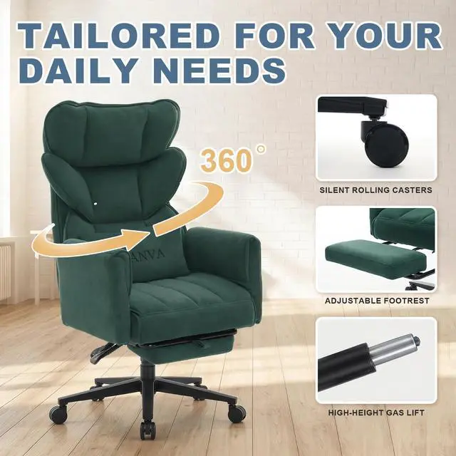 Alt view image 6 of 7 - Big and Tall Office Chair, Reclining Executive Desk Chair, Cross Legged Ergonomic High Back Computer Gaming Chair with Flip Armrests Lumbar Support Footrest, Green Vanity Chair