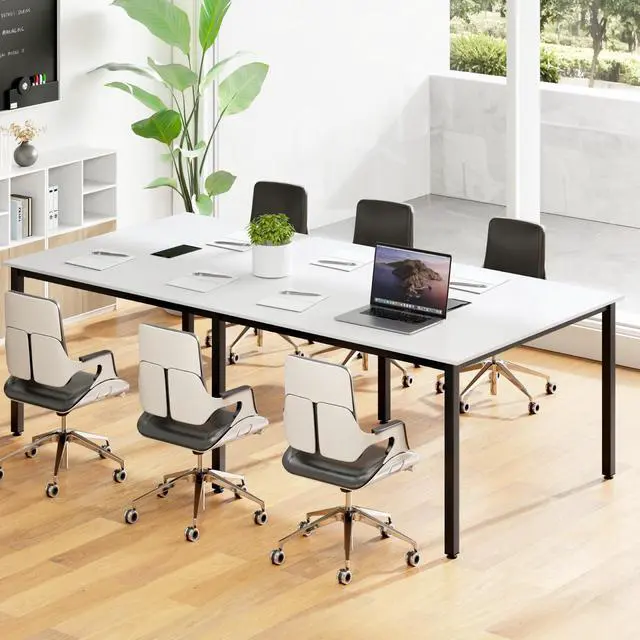 Alt view image 2 of 7 - 8 FT Conference Table, 95" x 48" Rectangle Office Computer Desk with Heavy-Duty Metal Frame, 2 Cable Grommets, Modern Seminar Table for Meeting Room, Boardroom (White,1)
