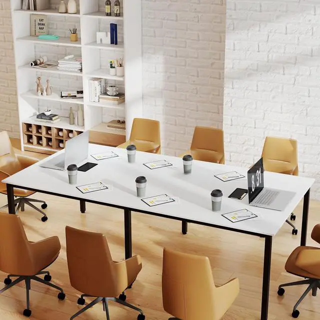Alt view image 4 of 7 - 8 FT Conference Table, 95" x 48" Rectangle Office Computer Desk with Heavy-Duty Metal Frame, 2 Cable Grommets, Modern Seminar Table for Meeting Room, Boardroom (White,1)