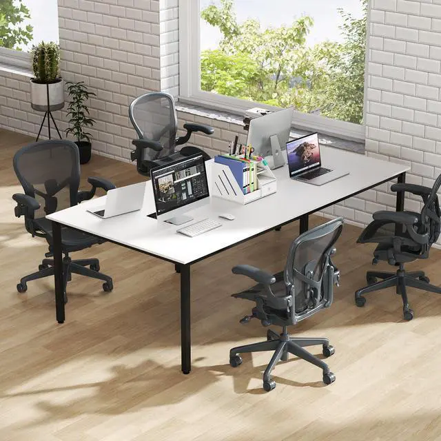 Alt view image 5 of 7 - 8 FT Conference Table, 95" x 48" Rectangle Office Computer Desk with Heavy-Duty Metal Frame, 2 Cable Grommets, Modern Seminar Table for Meeting Room, Boardroom (White,1)