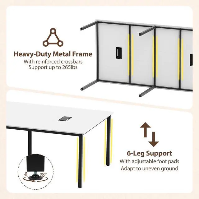 Alt view image 6 of 7 - 8 FT Conference Table, 95" x 48" Rectangle Office Computer Desk with Heavy-Duty Metal Frame, 2 Cable Grommets, Modern Seminar Table for Meeting Room, Boardroom (White,1)