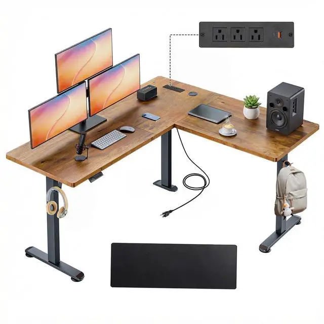 Main image of 63x5in L Shaped Reversible Standing Desk with Outlets & Mouse Pad | Electric Stand Up Desk Adjustable Height, Corner Home Office Writing Gaming Computer Workstation, Rustic Brown