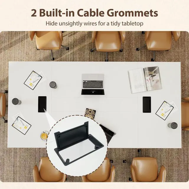 Alt view image 7 of 7 - 8 FT Conference Table, 95" x 48" Rectangle Office Computer Desk with Heavy-Duty Metal Frame, 2 Cable Grommets, Modern Seminar Table for Meeting Room, Boardroom (White,1)