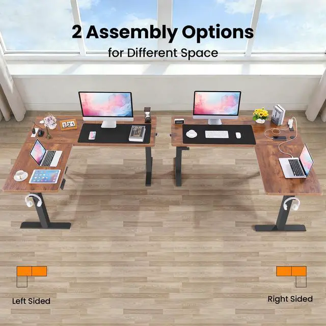 Alt view image 4 of 7 - 63x5in L Shaped Reversible Standing Desk with Outlets & Mouse Pad | Electric Stand Up Desk Adjustable Height, Corner Home Office Writing Gaming Computer Workstation, Rustic Brown