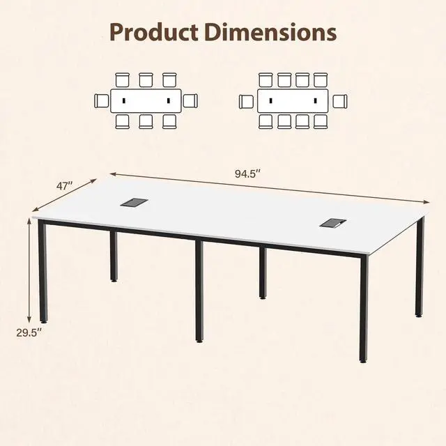 Alt view image 3 of 7 - 8 FT Conference Table, 95" x 48" Rectangle Office Computer Desk with Heavy-Duty Metal Frame, 2 Cable Grommets, Modern Seminar Table for Meeting Room, Boardroom (White,1)