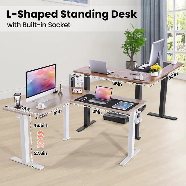 Alt view image 6 of 7 - 63x5in L Shaped Reversible Standing Desk with Outlets & Mouse Pad | Electric Stand Up Desk Adjustable Height, Corner Home Office Writing Gaming Computer Workstation, Rustic Brown
