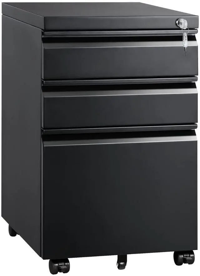 Main image of 3 Drawer File Cabinet with Lock and Wheels, Heavy-Duty Steel Rolling Drawer Cabinet, Fully Assembled Under Desk Filing Cabinet for Home Office Storage, 15.3" W x 19.75" D x 24.5" H, Black