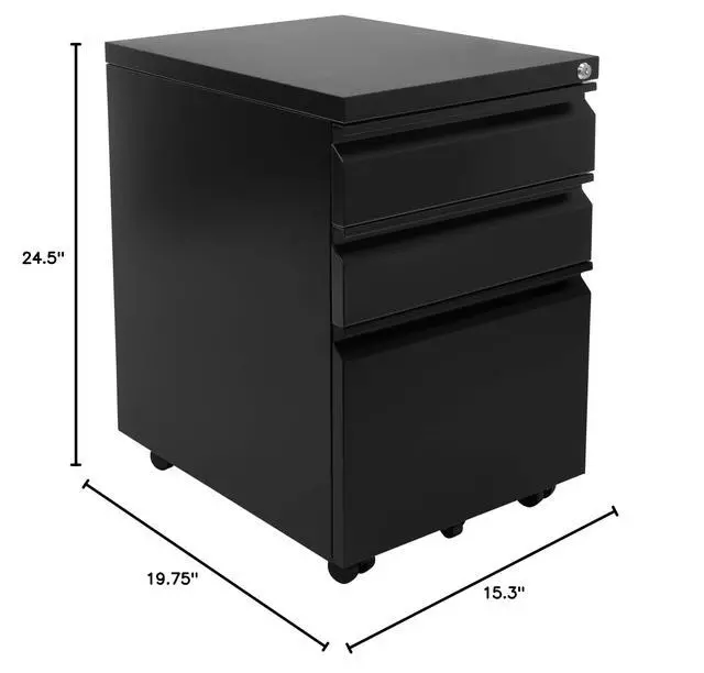 Alt view image 3 of 7 - 3 Drawer File Cabinet with Lock and Wheels, Heavy-Duty Steel Rolling Drawer Cabinet, Fully Assembled Under Desk Filing Cabinet for Home Office Storage, 15.3" W x 19.75" D x 24.5" H, Black