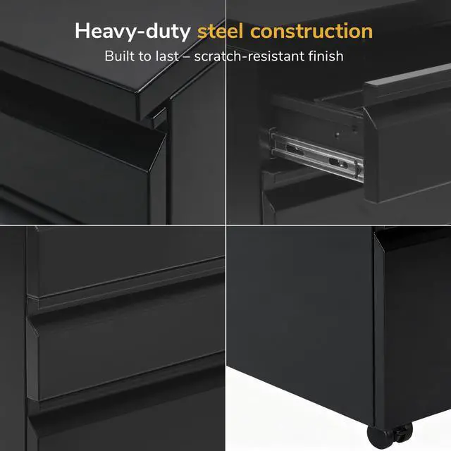 Alt view image 4 of 7 - 3 Drawer File Cabinet with Lock and Wheels, Heavy-Duty Steel Rolling Drawer Cabinet, Fully Assembled Under Desk Filing Cabinet for Home Office Storage, 15.3" W x 19.75" D x 24.5" H, Black